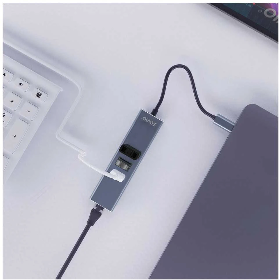Savio AK-57 USB-C - 3 x USB-A HUB su RJ-45 Gigabit Ethernet adapteriu, 5000 Mbit/s, pilkas