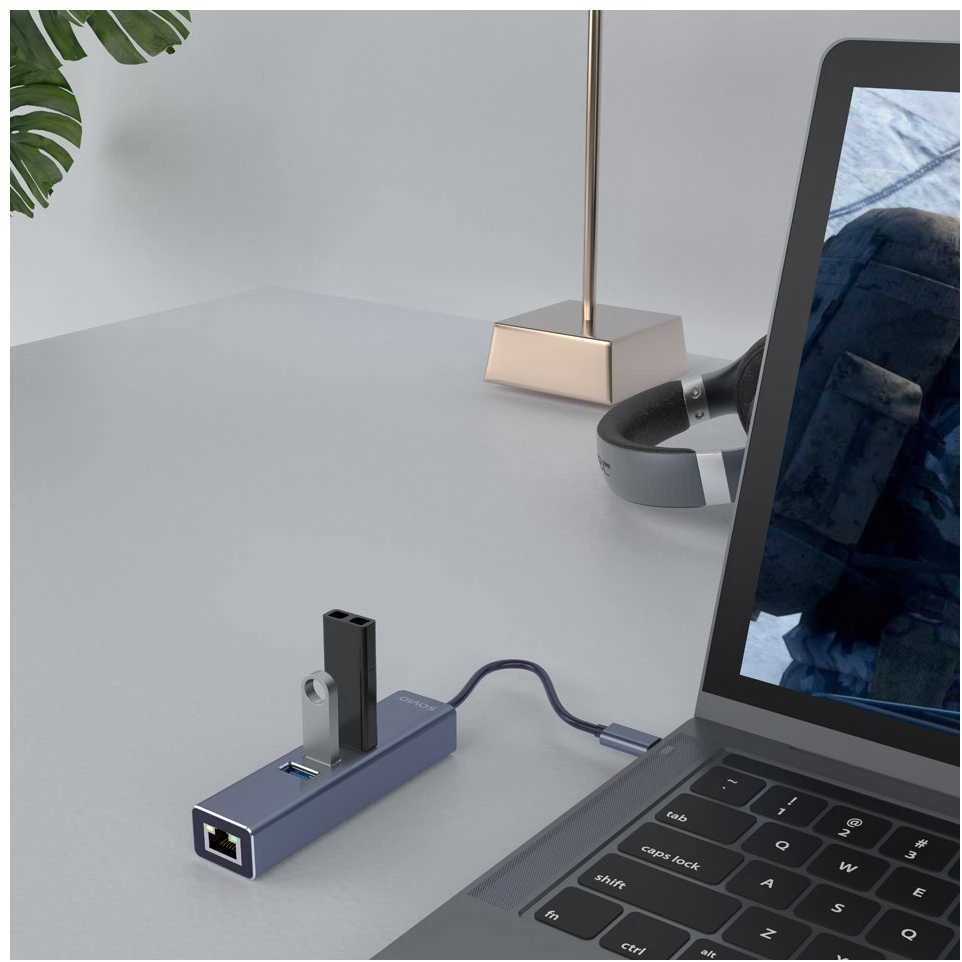 Savio AK-57 USB-C - 3 x USB-A HUB su RJ-45 Gigabit Ethernet adapteriu, 5000 Mbit/s, pilkas