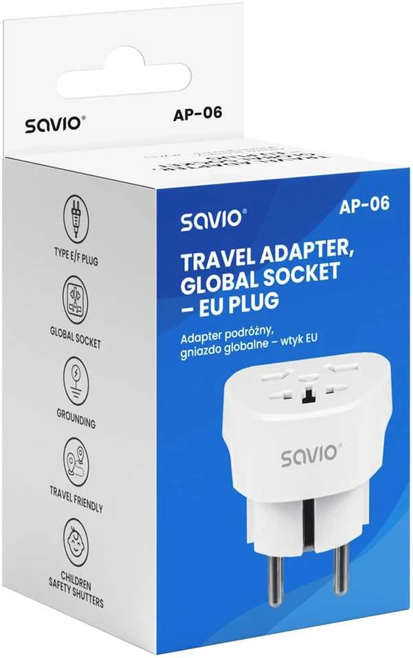 Savio AP-06 universalus kelioninis adapteris pakuotėje