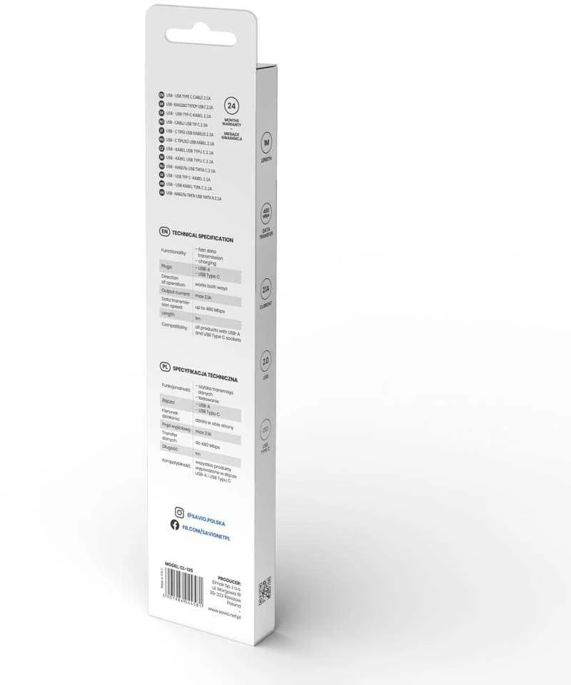 USB Kabelis - Savio CL-125 USB 2.0 1 m Baltas