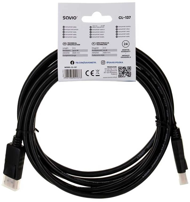 DisplayPort Kabelis - Savio CL-137 3 m Juoda