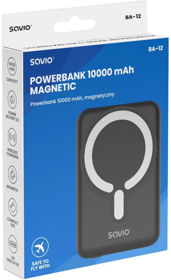 Savio POWERBANK BA-12 10000 mAh, juodas, magnetic