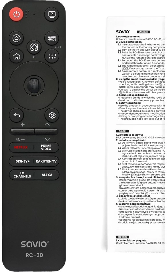 Savio RC-30 remote control IR/Bluetooth Press buttons