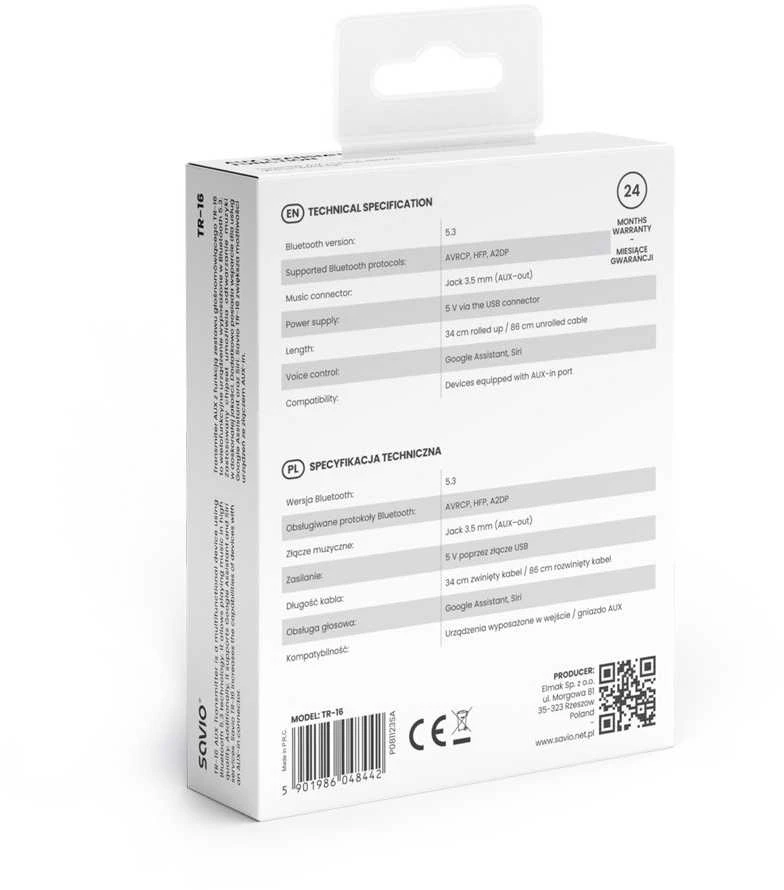 Savio TR-16 siųstuvo AUX adapteris su laisvų rankų funkcija, Bluetooth 5.3, Google Assistant/Siri
