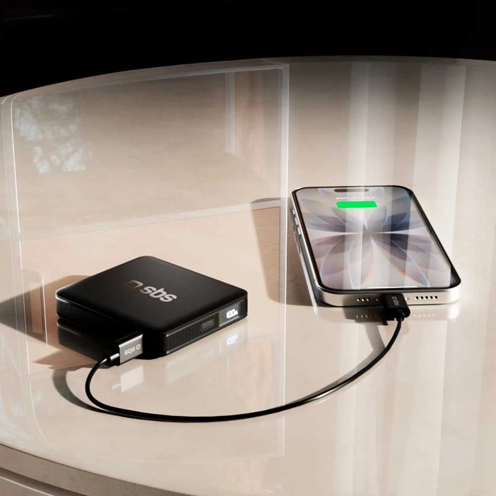 SBS HD 10W 5000mAh USB-C Power Bank with LCD Ekranas - Juodas
