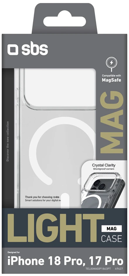 Dėklas SBS Light Mag dangtelis, skirtas iPhone 18 Pro / 17 Pro, suderinamas su MagSafe – permatomas