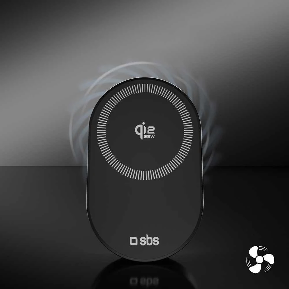 SBS magnetinis laikiklis su Qi2.2 25W belaidžiu įkrovikliu ir aktyviu aušinimu - Juodas