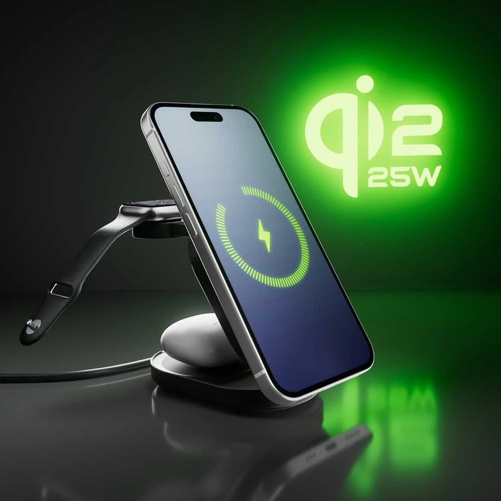 SBS Qi2.2 25W indukcinė 3 viename sulankstoma įkrovimo stotelė su MFI sertifikatu - Juodas