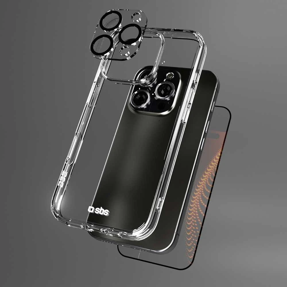 SBS komplektas su D3O technologijos skirtuku „iPhone 16 Pro“ – dėklas + stiklinis ekrano ir kameros apsauginis dėklas – skaidrus