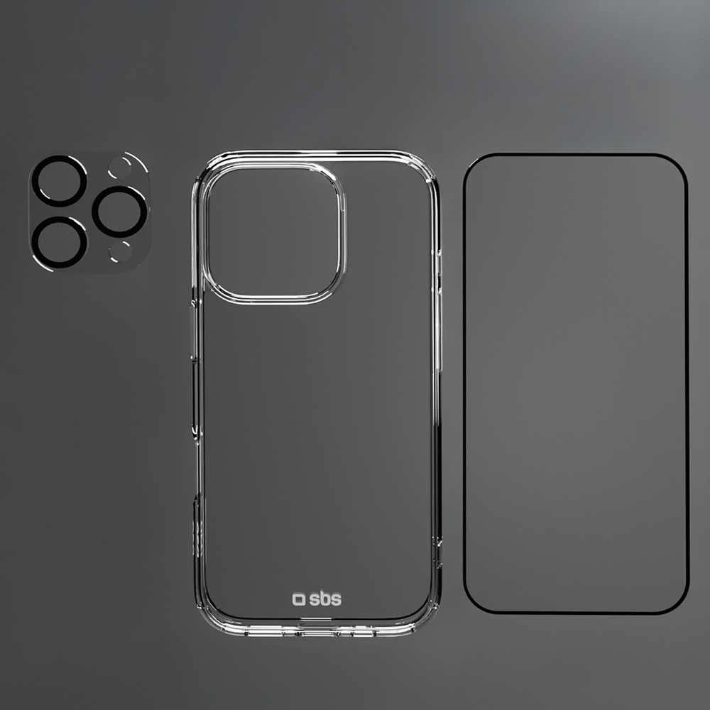 SBS komplektas su D3O technologijos skirtuku „iPhone 16 Pro“ – dėklas + stiklinis ekrano ir kameros apsauginis dėklas – skaidrus