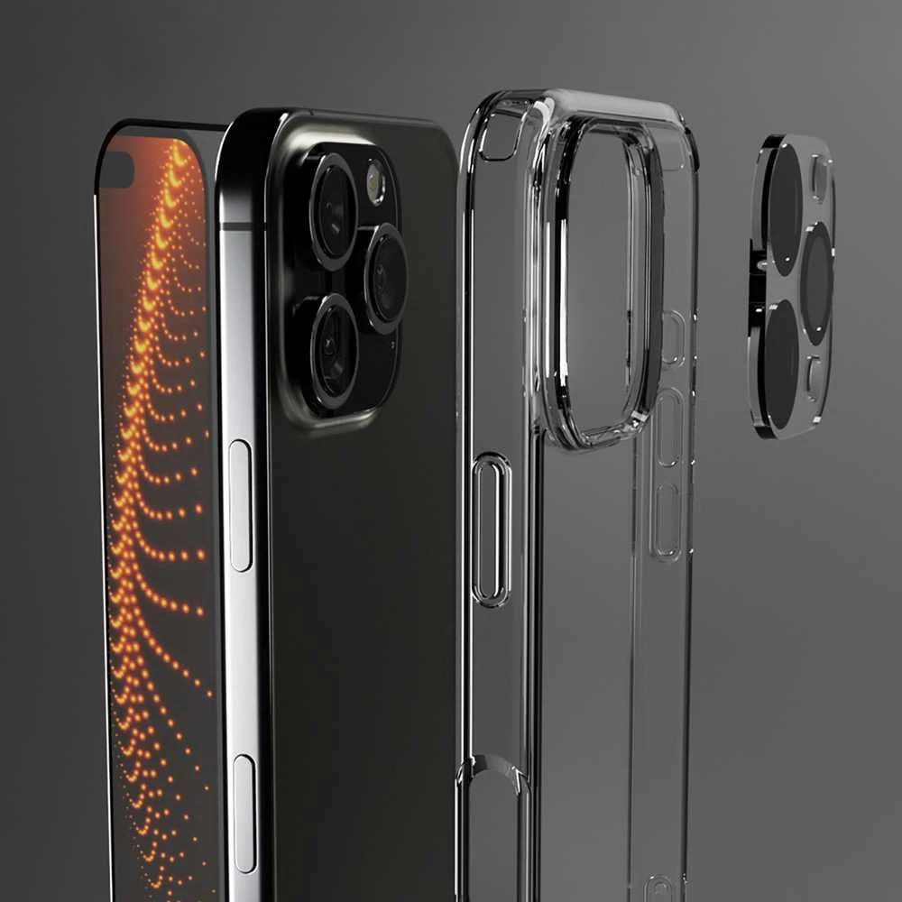 SBS komplektas su D3O technologijos skirtuku „iPhone 16 Pro Max“ – dėklas + stiklinis ekrano ir kameros apsauginis dėklas – skaidrus