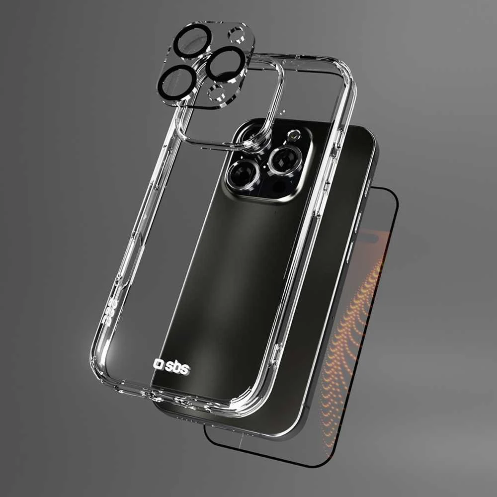 SBS komplektas su D3O technologijos skirtuku „iPhone 16 Pro Max“ – dėklas + stiklinis ekrano ir kameros apsauginis dėklas – skaidrus