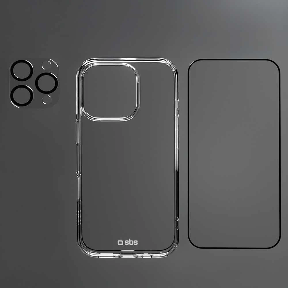 SBS komplektas su D3O technologijos skirtuku „iPhone 16 Pro Max“ – dėklas + stiklinis ekrano ir kameros apsauginis dėklas – skaidrus