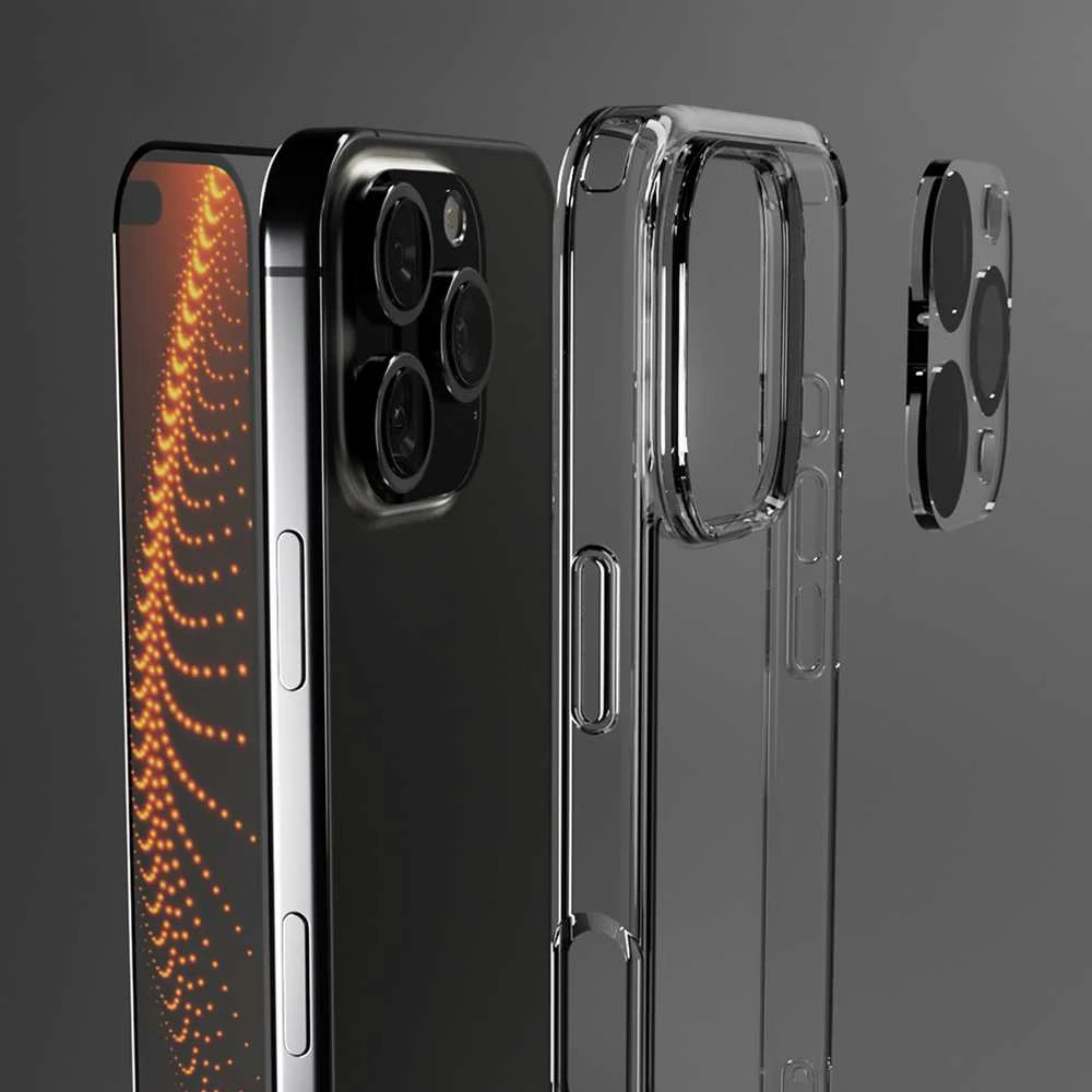 SBS komplektas su D3O technologijos skirtuku „iPhone 16 Pro“ – dėklas + stiklinis ekrano ir kameros apsauginis dėklas – skaidrus