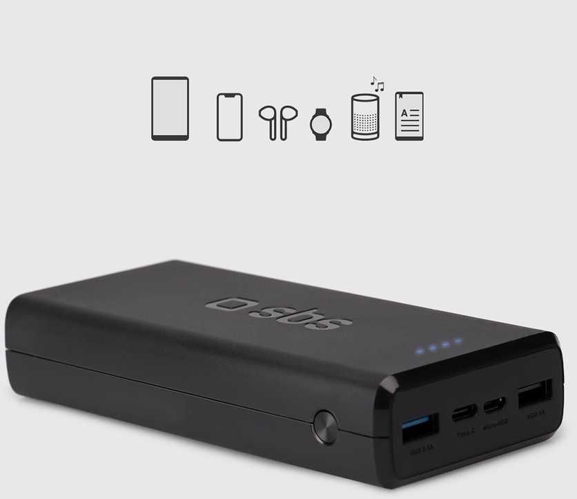 SBS Nešiojamoji baterija „Puro Fast“ 20000 mAh, 2x USB-A + 1x USB-C – juoda
