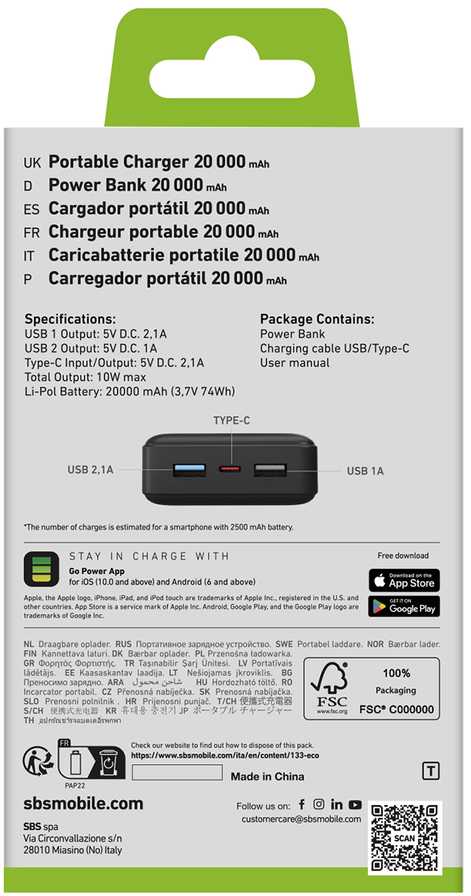 SBS Nešiojamoji baterija „Puro Fast“ 20000 mAh, 2x USB-A + 1x USB-C – juoda