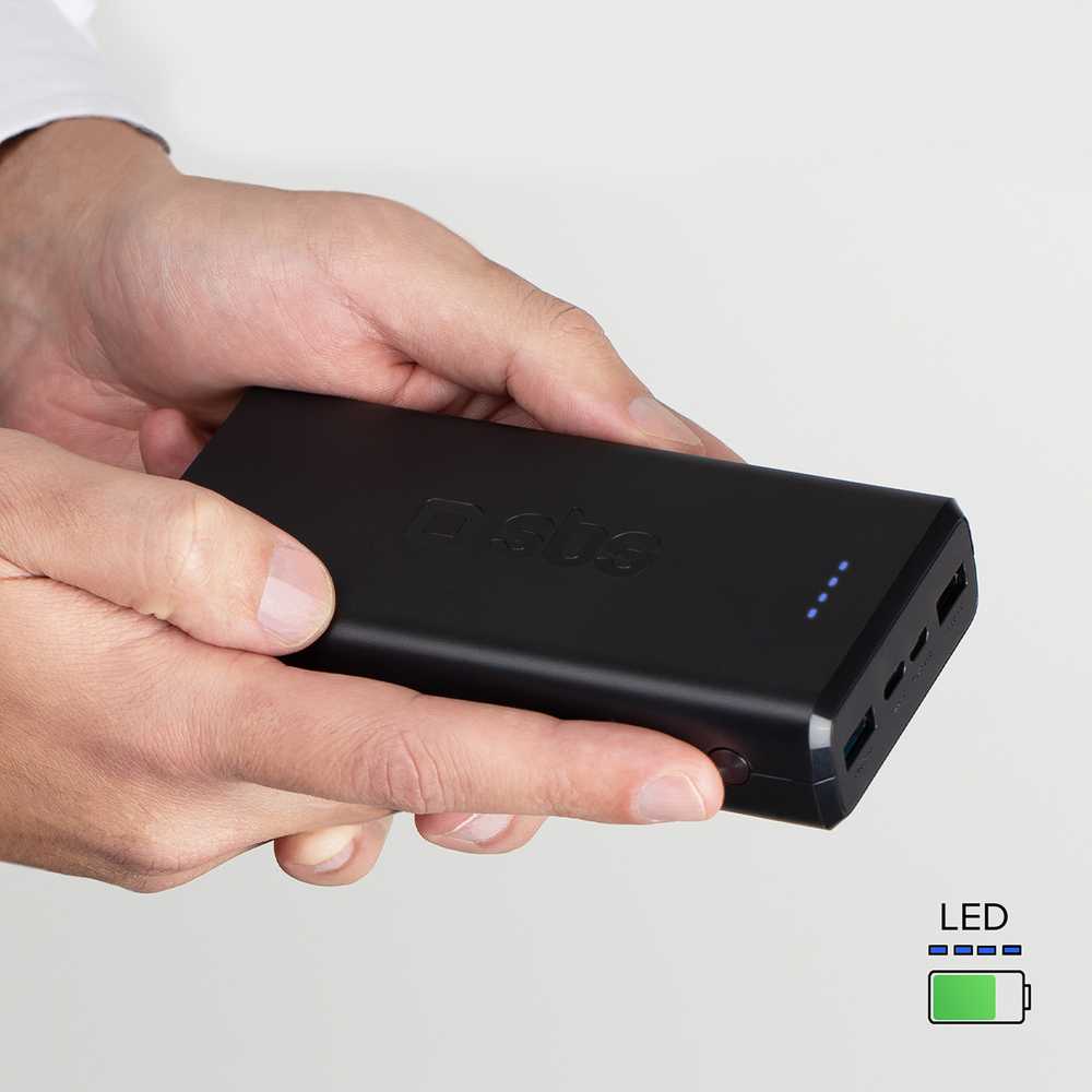 SBS Nešiojamoji baterija „Puro Fast“ 20000 mAh, 2x USB-A + 1x USB-C – juoda