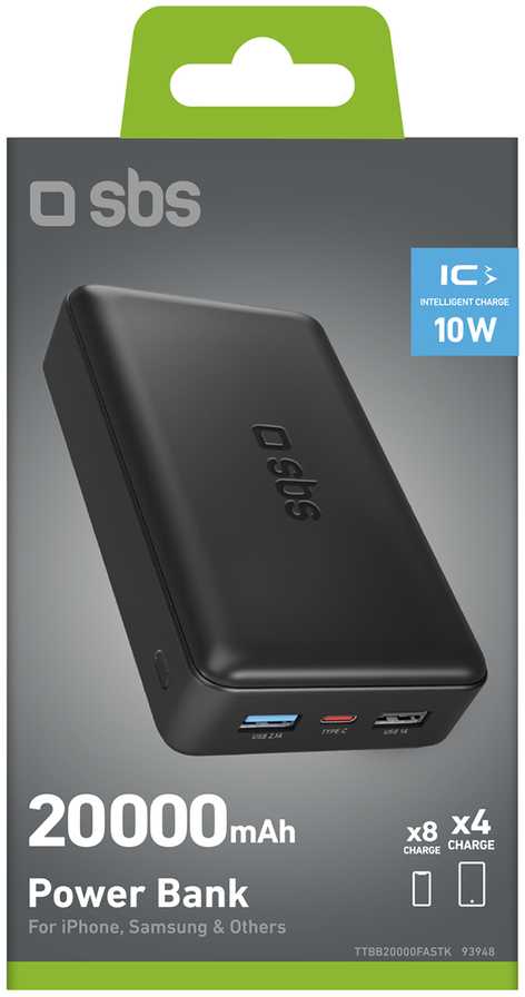 SBS Nešiojamoji baterija „Puro Fast“ 20000 mAh, 2x USB-A + 1x USB-C – juoda