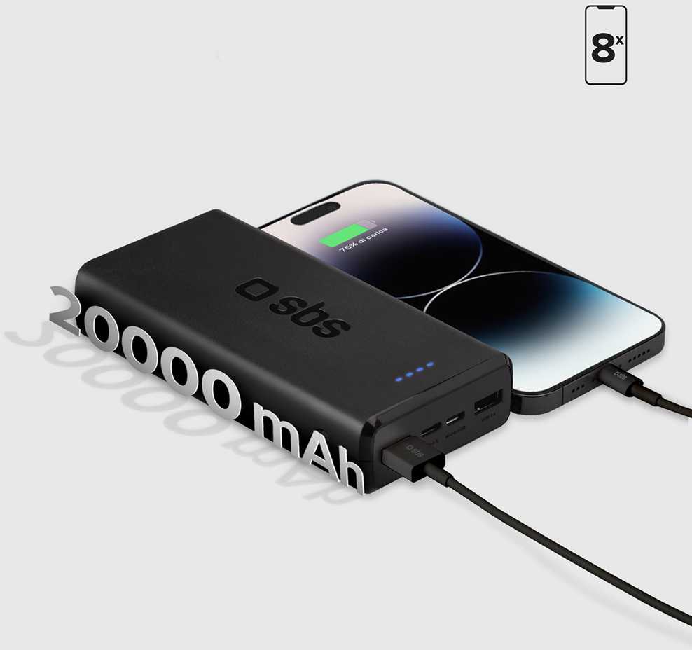 SBS Nešiojamoji baterija „Puro Fast“ 20000 mAh, 2x USB-A + 1x USB-C – juoda