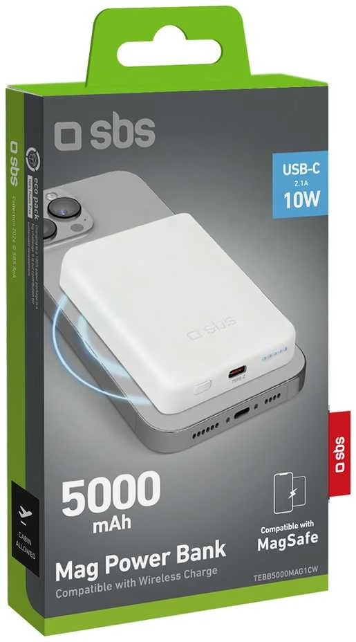SBS 5000 mAh belaidis magnetic Power Bank baltos spalvos