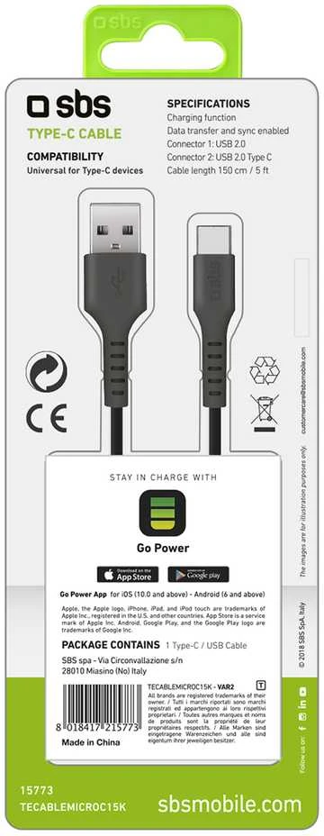 SBS TECABLEMICROC15K USB-A – USB-C kabelis 1.5m – juodos spalvos