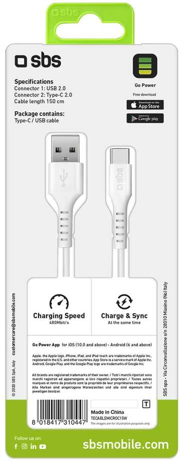 SBS TECABLEMICROC15W USB-A – USB-C laidas 1,5 m – baltas
