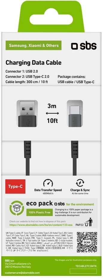 SBS TECABLETC3MTK USB-A - USB-C kabelis 3m - juodos spalvos