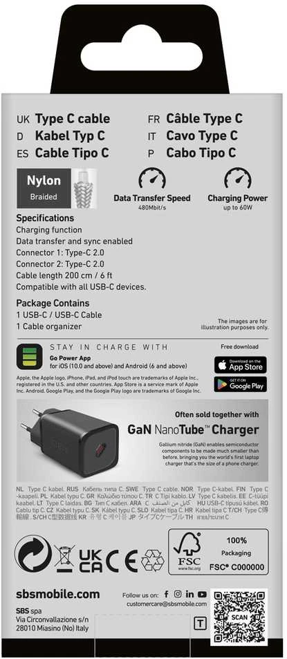 SBS TECABLETISSUETCC2G kabelis 2 x USB-C 2m 60W su maitinimo tiekimu – pilkas