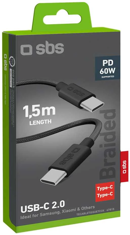 SBS TECABLETISSUETCK USB-C – USB-C 1.5m 60W pintas kabelis – juodos spalvos