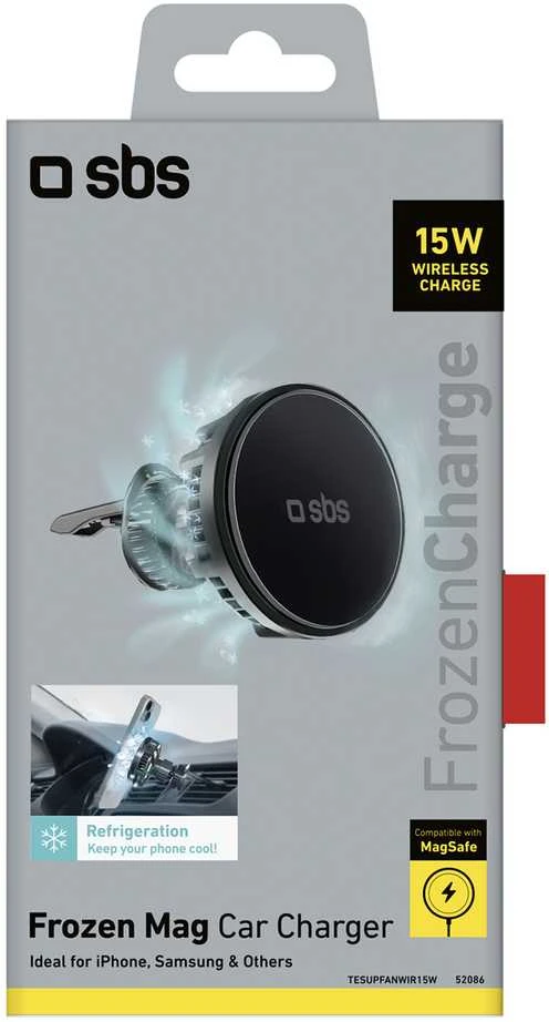 Telefono lakiklis su belaidžiu įkrovimu SBS TESUPFANWIR15W 15W for air vent, with cooling - juodas