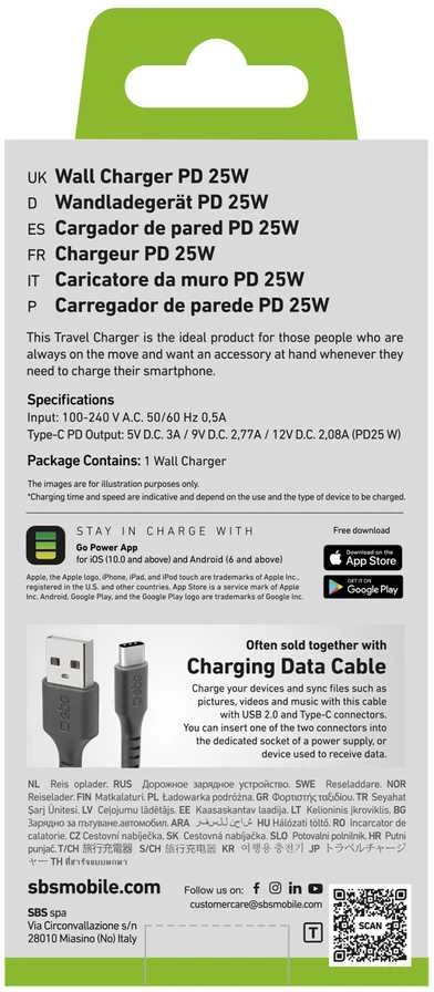 SBS TETR1CPD25 25W USB-C laidinis įkroviklis su Power Delivery – juodos spalvos