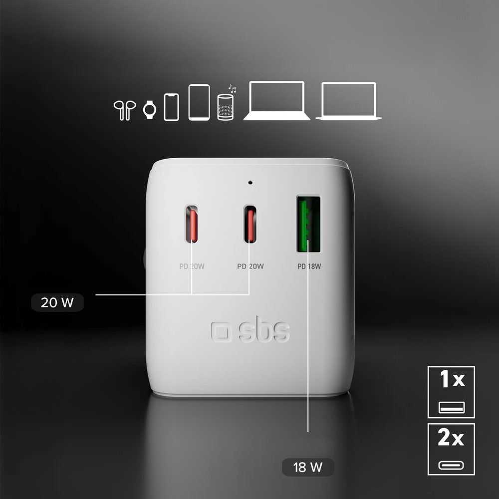 SBS universalus kelioninis adapteris 2xUSB-C 1xUSB-A - Baltas