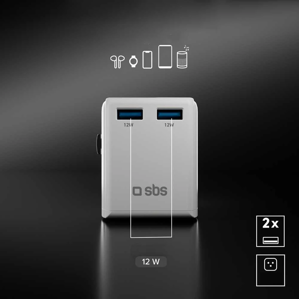 SBS universal travel adapter – EU 2xUSB-A – baltos spalvos
