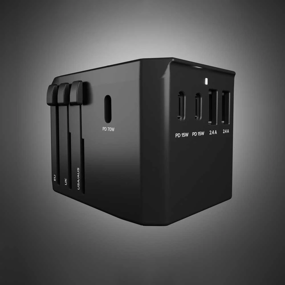 SBS Universal GaN Travel Adapteris 70W 3xUSB-C 2xUSB-A with Case - Juodas