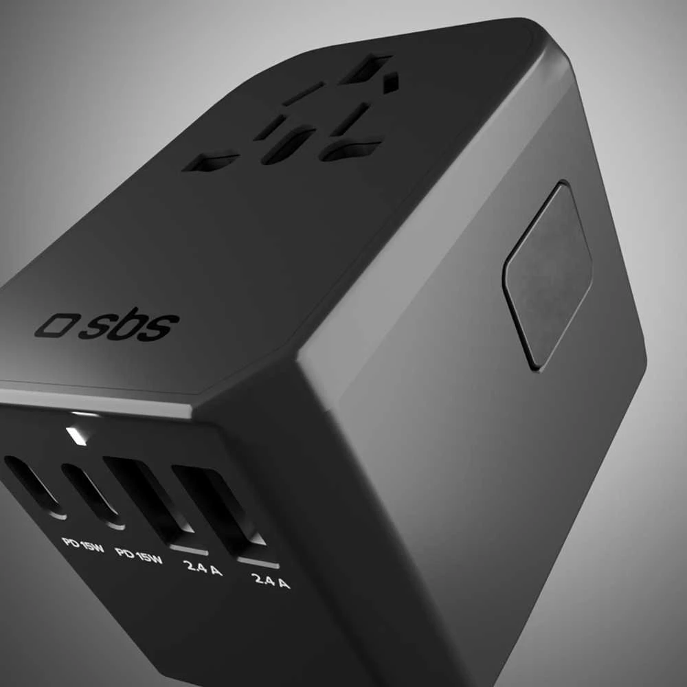 SBS Universal GaN Travel Adapteris 70W 3xUSB-C 2xUSB-A with Case - Juodas