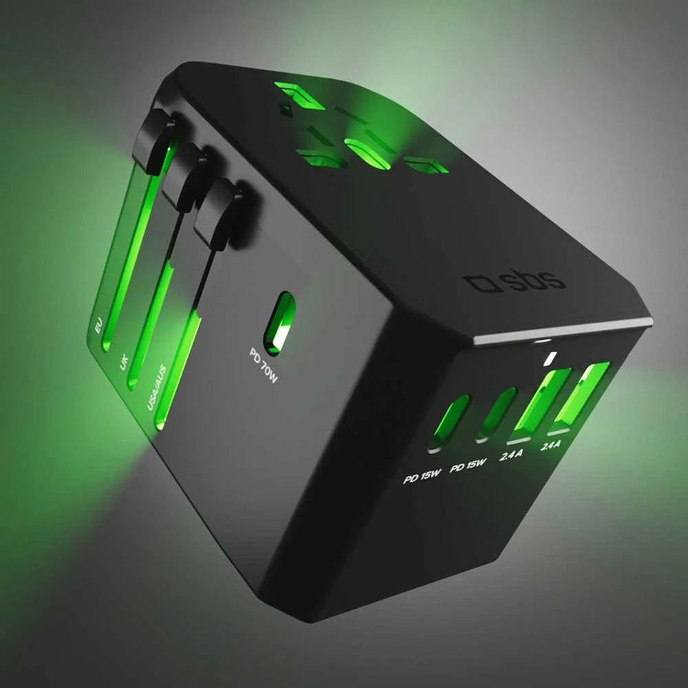 SBS Universal GaN Travel Adapteris 70W 3xUSB-C 2xUSB-A with Case - Juodas