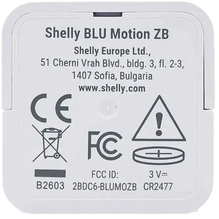 Shelly BLU Motion ZB PIR Motion Sensor Zigbee 3.0 Bluetooth 5 LE LUX CR2477, Baltas