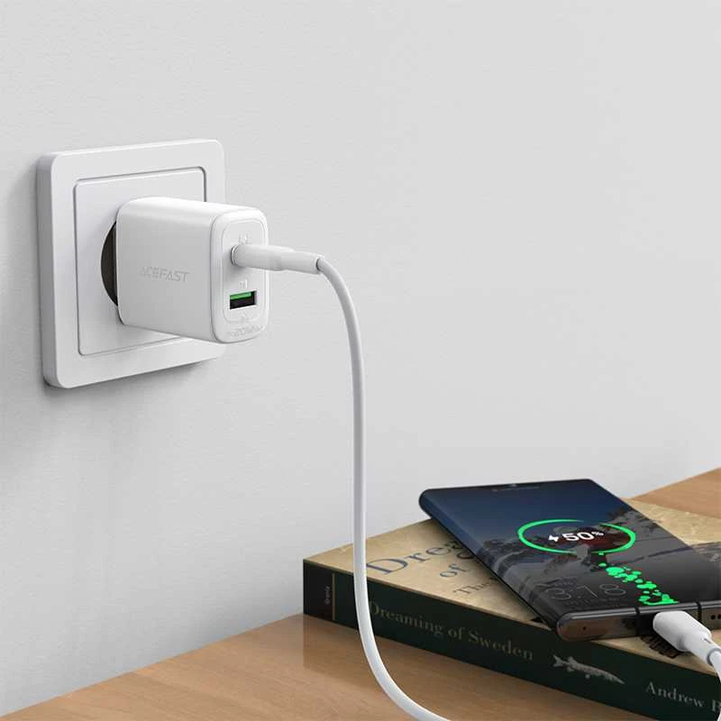 Įkroviklis jungiama į tinklą Acefast A25, USB + USB-C, PD 20W (balta)