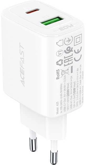 Įkroviklis jungiama į tinklą Acefast A25, USB + USB-C, PD 20W (balta)