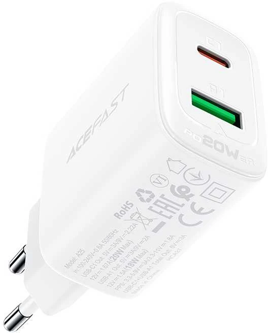 Įkroviklis jungiama į tinklą Acefast A25, USB + USB-C, PD 20W (balta)