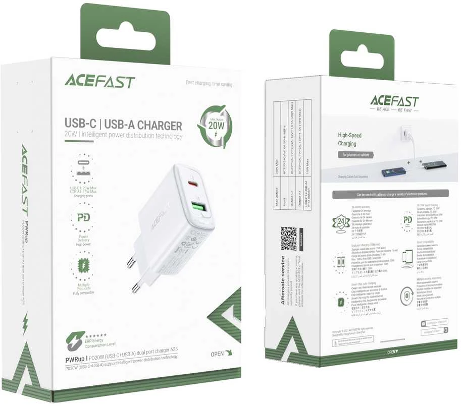 Įkroviklis jungiama į tinklą Acefast A25, USB + USB-C, PD 20W (balta)