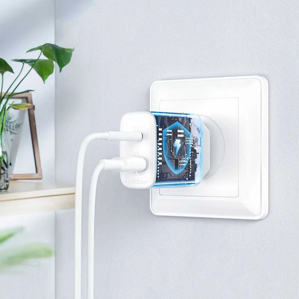 Įkroviklis jungiama į tinklą Acefast A25, USB + USB-C, PD 20W (balta)