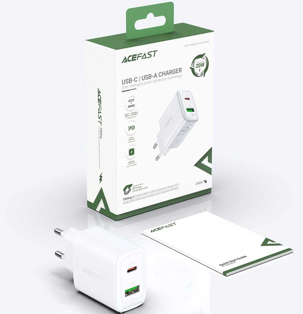 Įkroviklis jungiama į tinklą Acefast A25, USB + USB-C, PD 20W (balta)