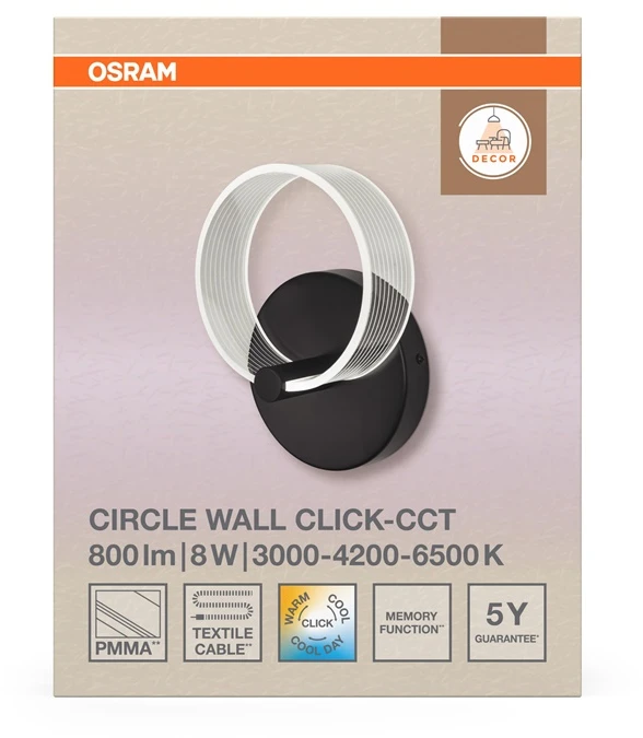 Osram 8W LED sieninis šviestuvas CIRCLE, juodas, 3000/4200/6500K