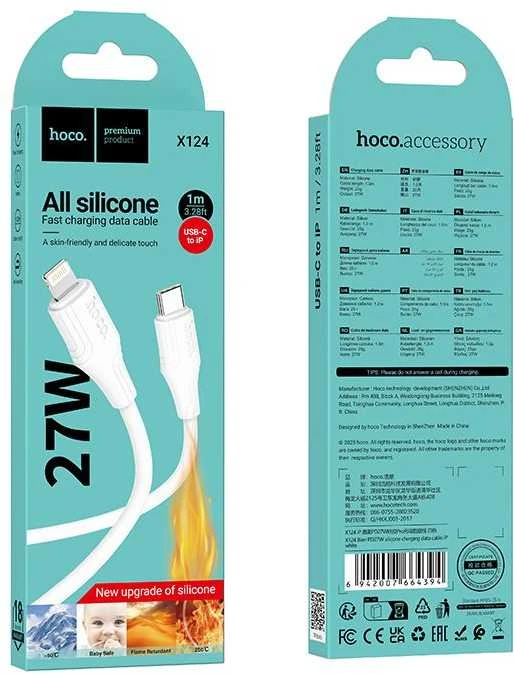 Silikoninis laidas USB C į Lightning Hoco 27W 1 m X124 baltas