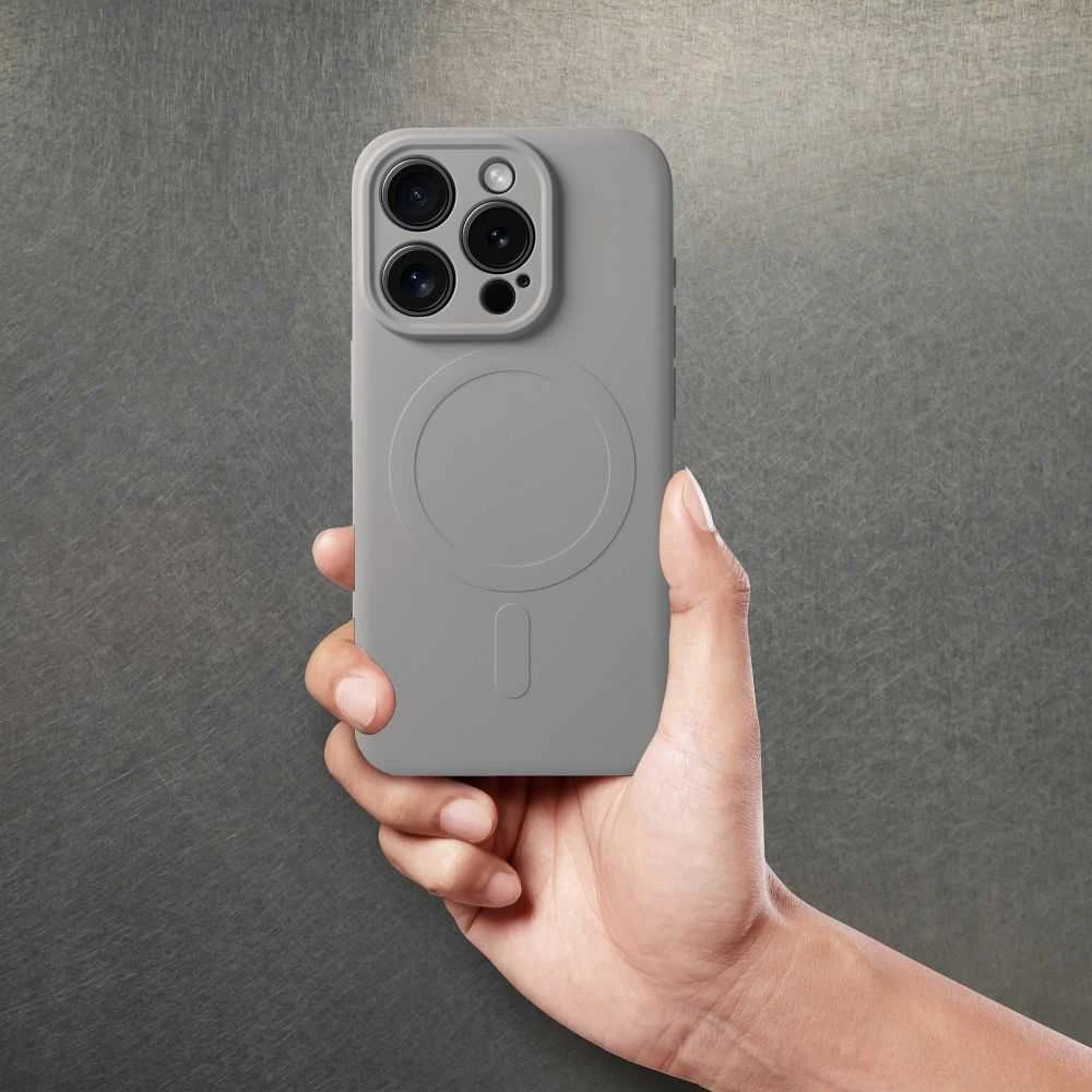 OEM dėklas, skirtas „iPhone 15 PRO“ silikoniniam „Mag“ dėklui, suderinamas su „MagSafe“ (fotoaparato apsauga), titano pilkos spalvos.