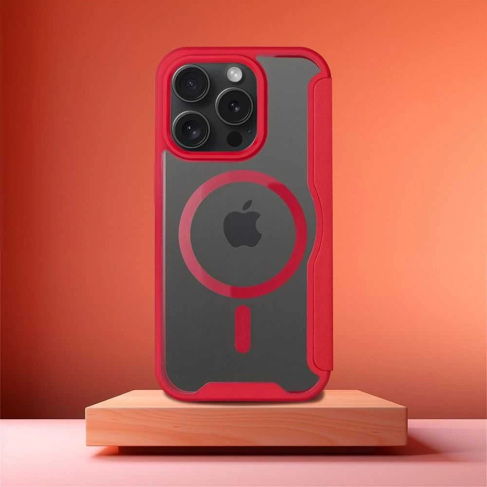 OEM atverčiamas dėklas, skirtas iPhone 15 PRO, Smart Mag, suderinamas su MagSafe, raudonas