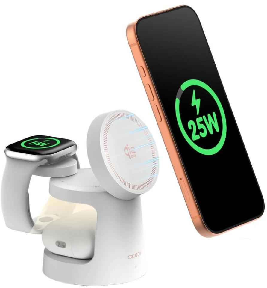SODI 3-in-1 Wireless Charger with Night Light 25W W108A - Baltas