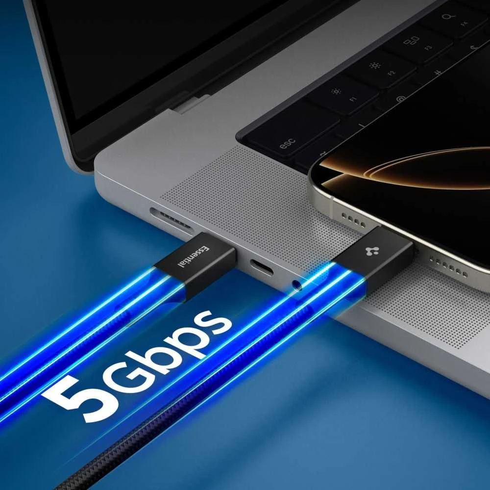 Spigen „Essential“ USB C–USB C 100 W laidas, juodas EB10010CC