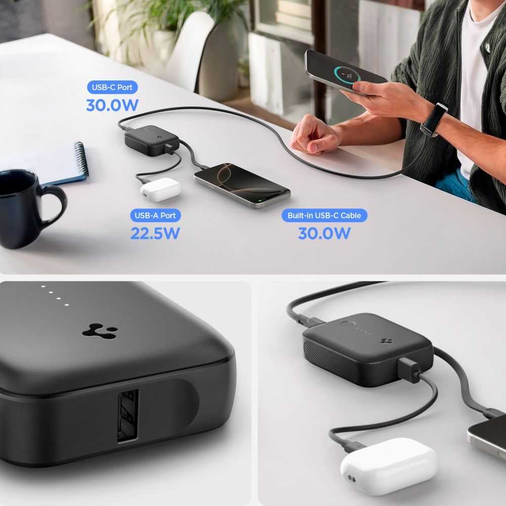 Spigen Essential 10,000 mAh 30W Power Bank (Built in Cable), juodas EA3010BT